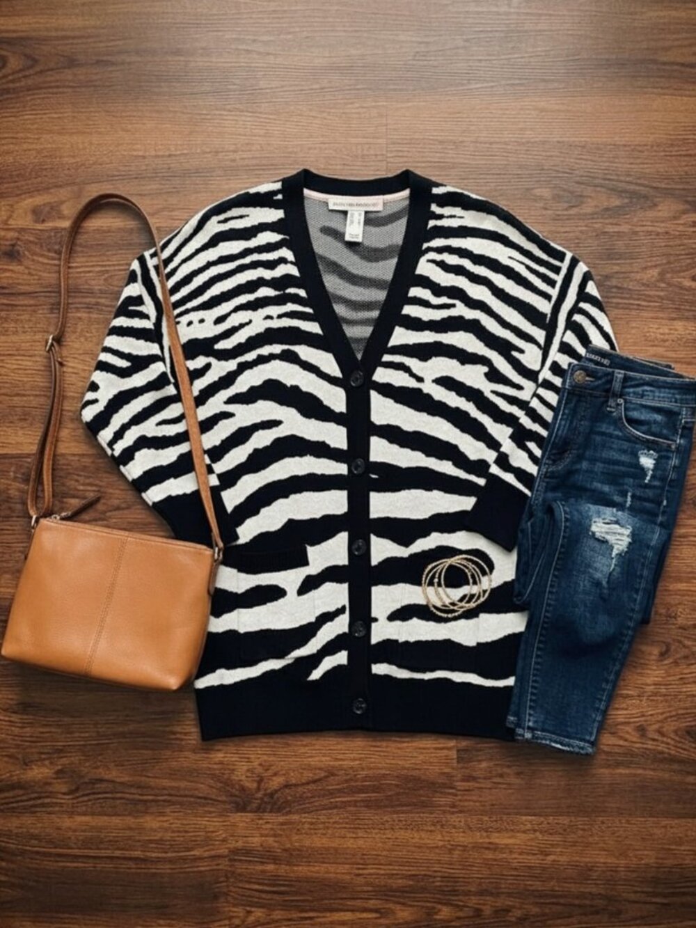 Isaac Mizrahi | Zebra Print Black White Button Front Knit Cardigan | Sz M
